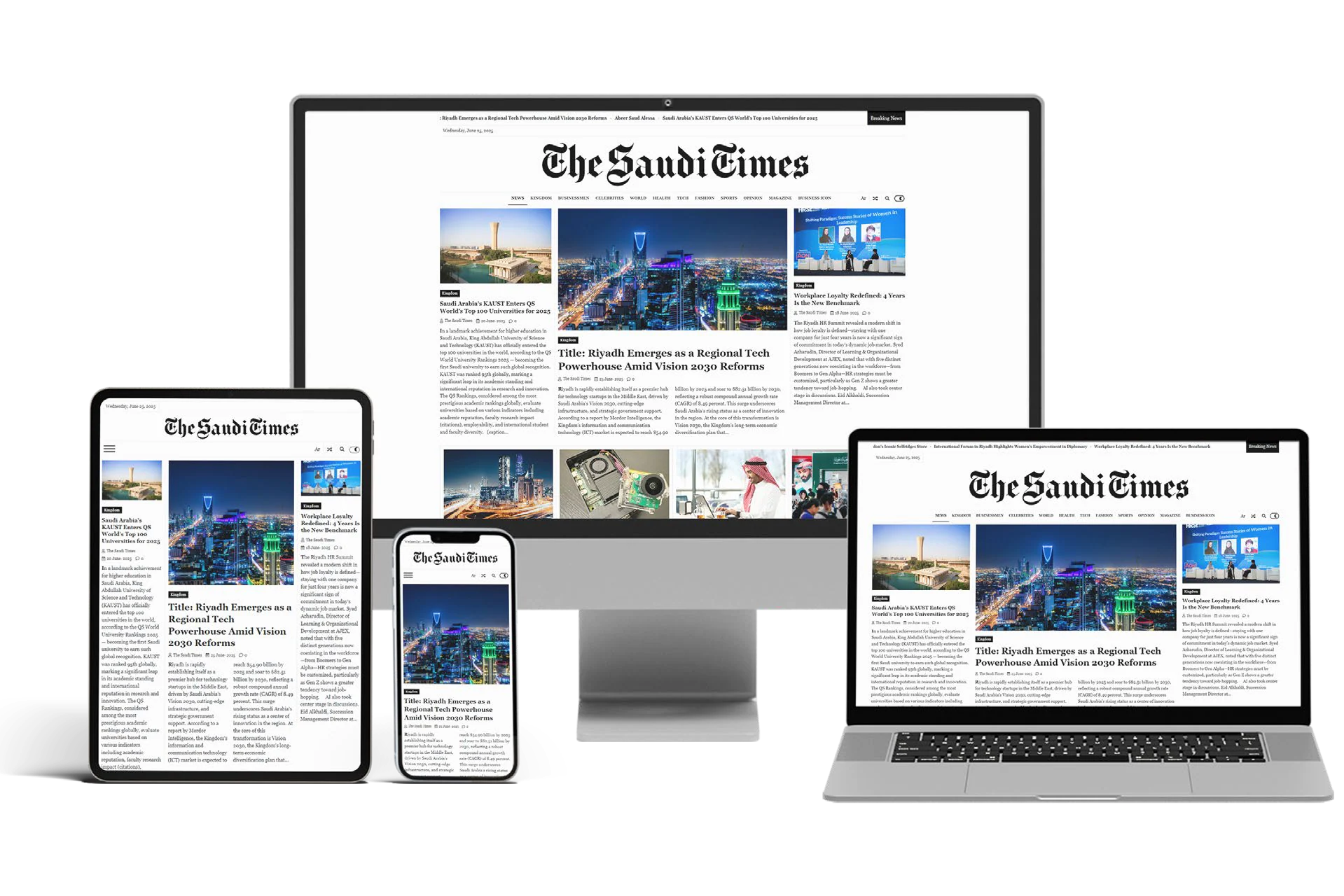 The Saudi Times website on a desktop, laptop, tablet and phone