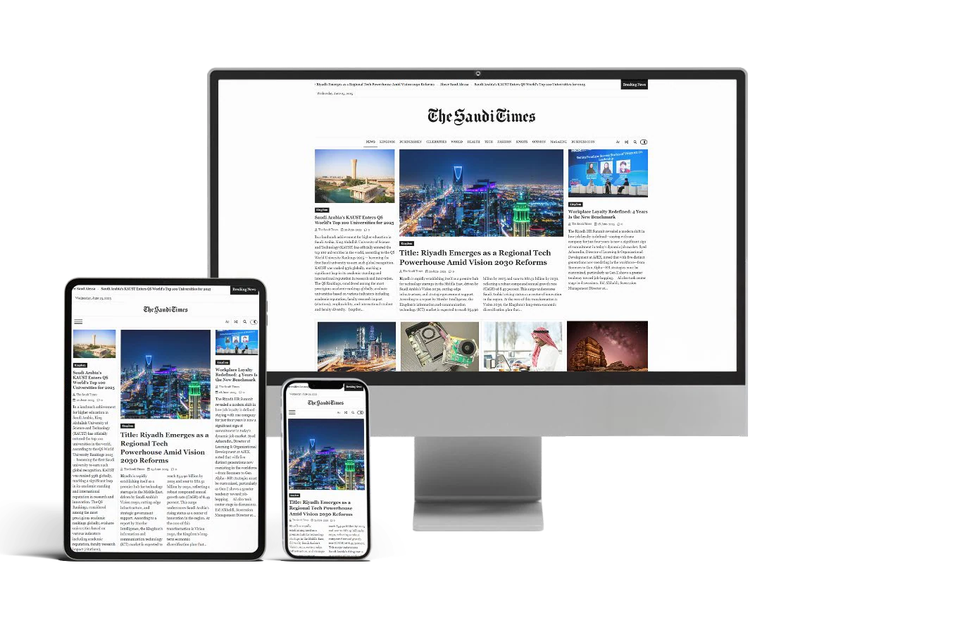 The Saudi Times website shown on a desktop, a tablet and a phone