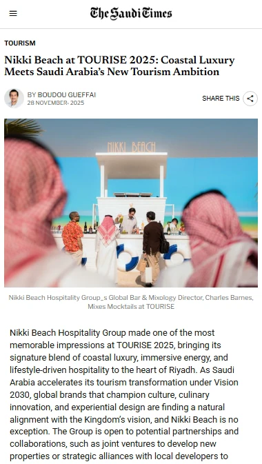 The Saudi Times article: Nikki Beach at TOURISE 2025