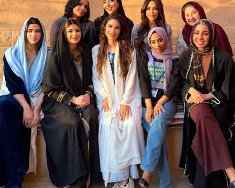 Women-led production in Diriyah, Riyadh. Day 1 of the shoot. From left down to right: Aya Sattam, Princess Abeer Al Faisal, Ameerah-Maryna Roman, Aseel Arbab, Bayan. From left up to right: Najat Elhussien, Mariam Mossalli, Amal Dokhan, Rawan Al Turki