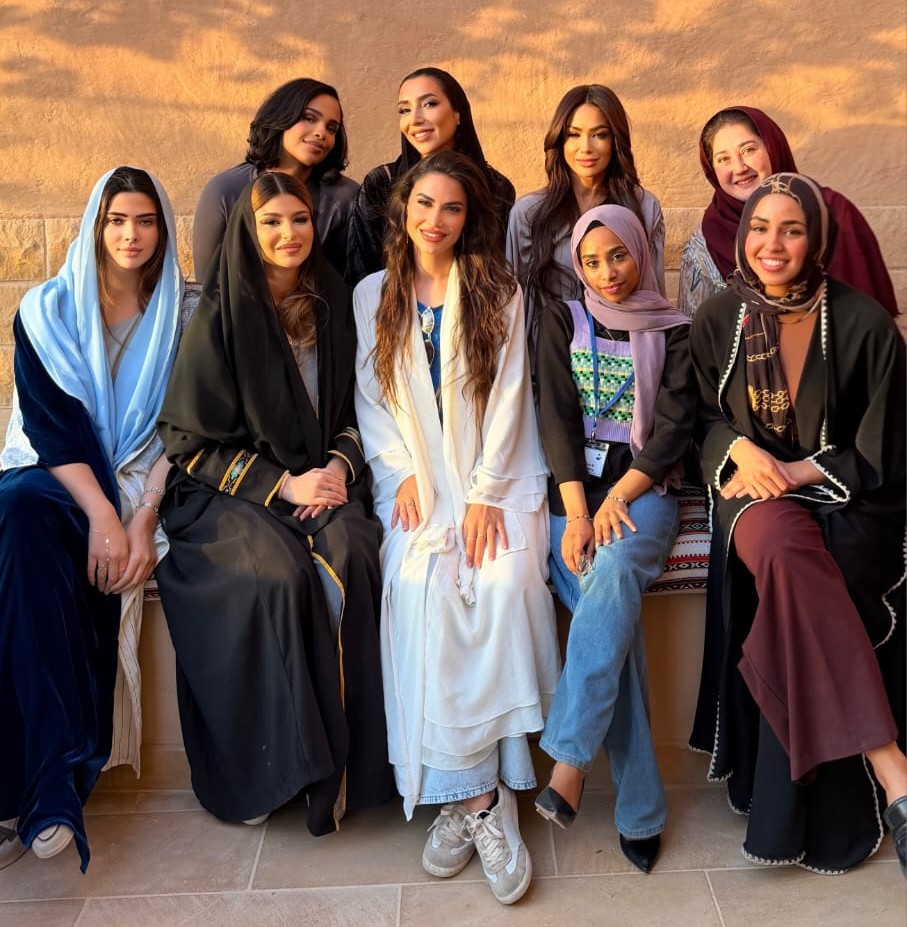 Women-led production in Diriyah, Riyadh. Day 1 of the shoot. From left down to right: Aya Sattam, Princess Abeer Al Faisal, Ameerah-Maryna Roman, Aseel Arbab, Bayan. From left up to right: Najat Elhussien, Mariam Mossalli, Amal Dokhan, Rawan Al Turki