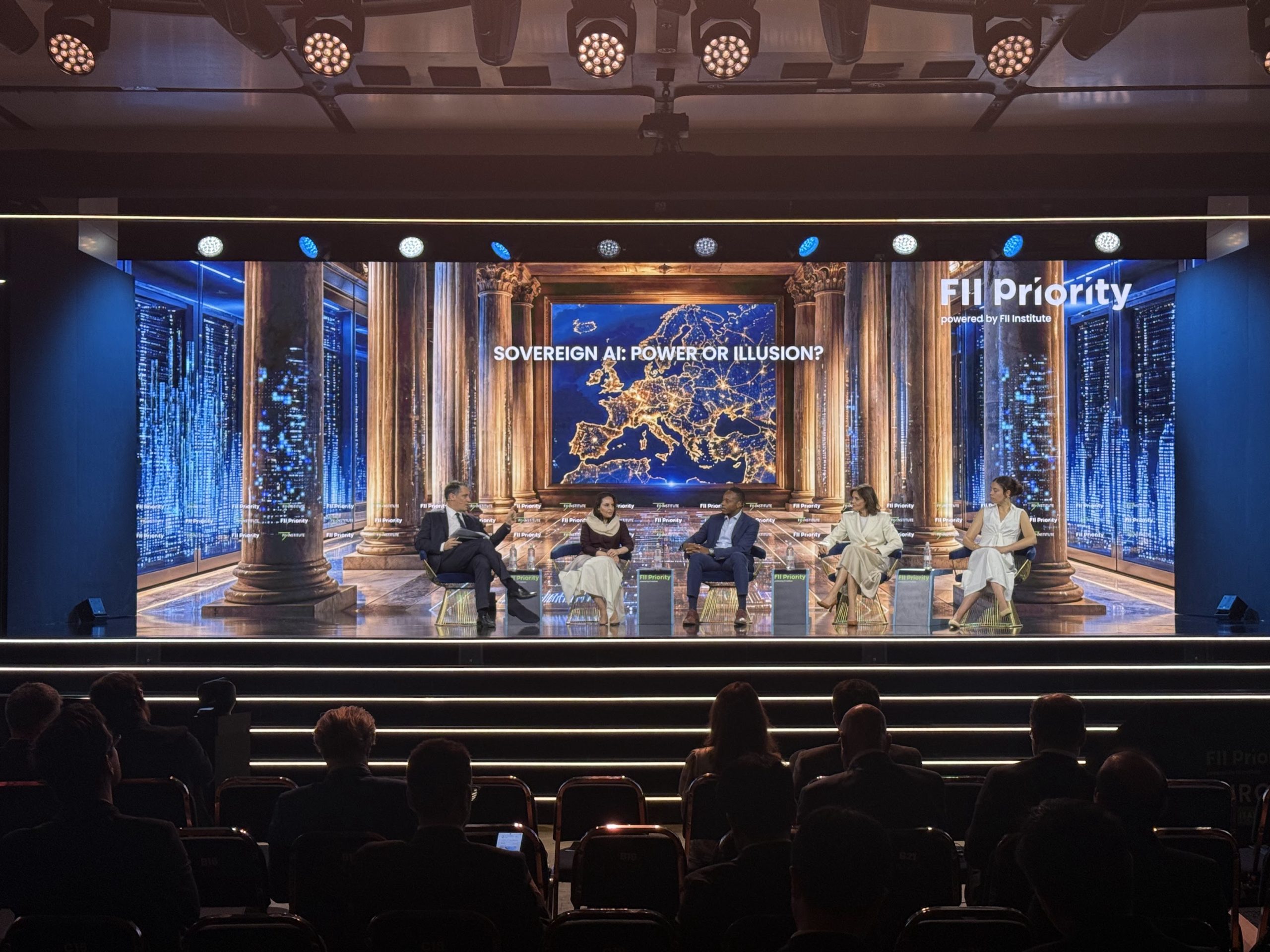 Deemah AlYahya, Secretary-General of the Digital Cooperation Organization, and panelists speaking during the “Sovereign AI: Power or Illusion?” session at FII PRIORITY Europe in Rome, Italy, June 2026. Photo credit: Johann Jenson