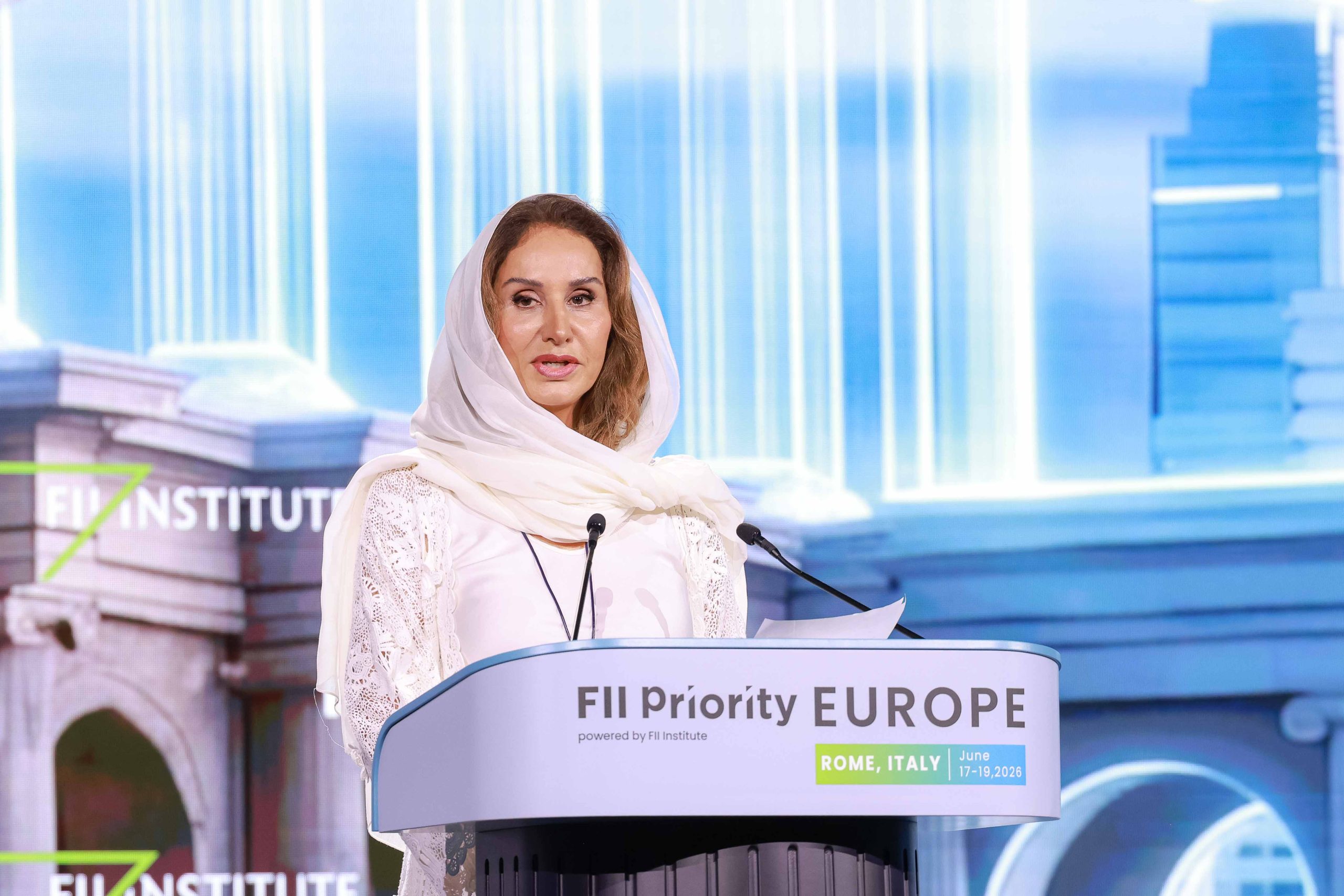 H.R.H. Princess Maha bint Mishari Al Saud, CEO of the FII Institute, addresses delegates at FII PRIORITY Europe in Rome, June 2026