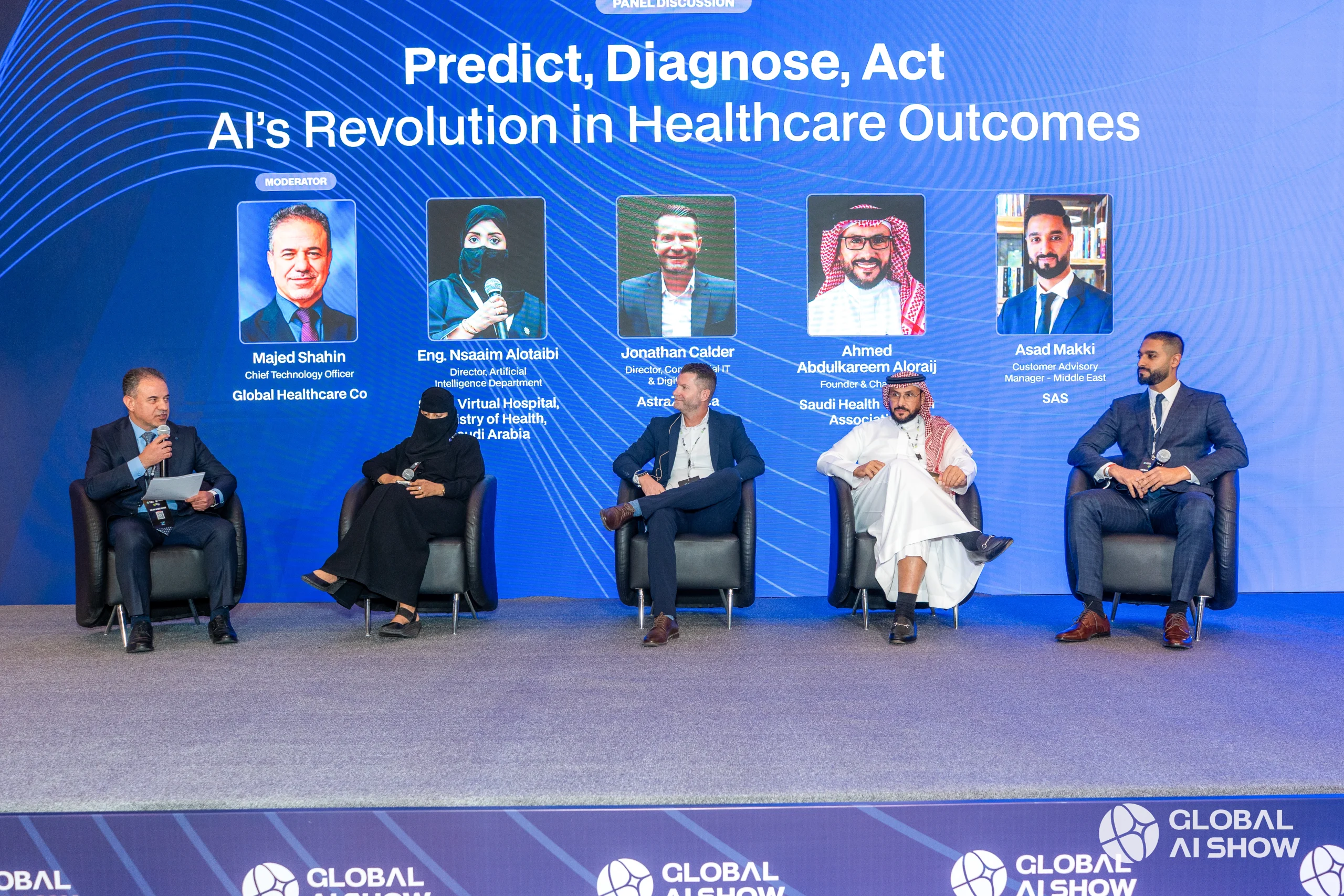 Panelists discuss “Predict, Diagnose, Act: AI’s Revolution in Healthcare Outcomes” at the Global AI Show, featuring Majed Shahin, Chief Technology Officer at Global Healthcare Co.; Eng. Nsaaim Alotaibi, Director of the Artificial Intelligence Department at Virtual Hospital, Ministry of Health, Saudi Arabia; Jonathan Calder, Director, Commercial IT and Digital at AstraZeneca; Ahmed Abdulkareem Aloraji, Founder and Chairman of the Saudi Health Tourism Association; and Asad Makki, Customer Advisory Manager, Middle East at SAS.