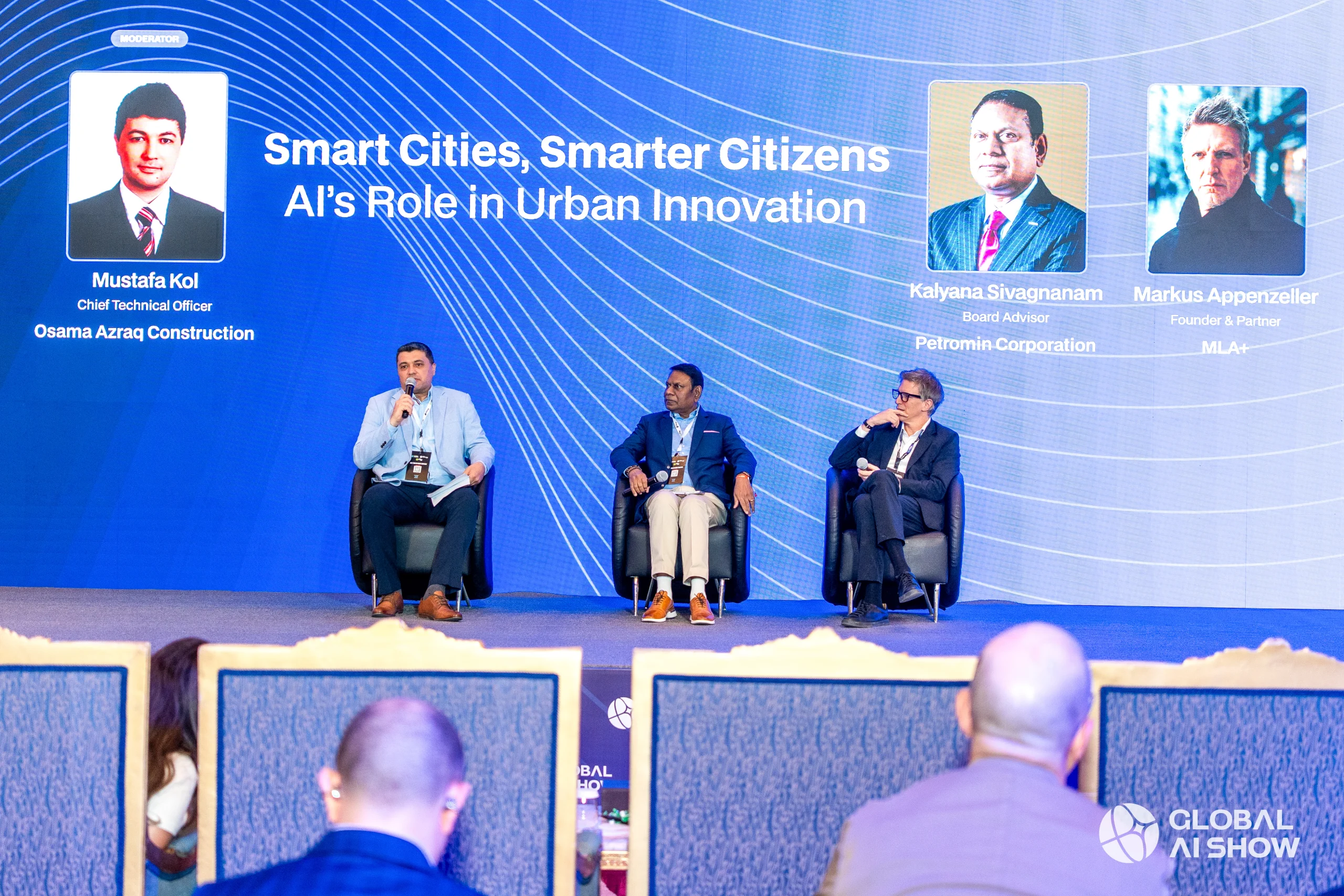 Mustafa Kol, Chief Technical Officer at Osama Azraq Construction, moderates “Smart Cities, Smarter Citizens: AI’s Role in Urban Innovation” with Kalyana Sivagnanam, Board Advisor at Petromin Corporation, and Markus Appenzeller, Founder and Partner at MLA+.