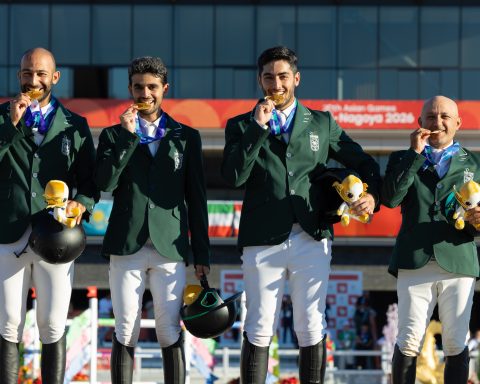 From left, Saad Alajmi, Khaled Almobty, Abdulrahman Alrajhi and Ramzy Al Duhamil winning gold at the Asian Games