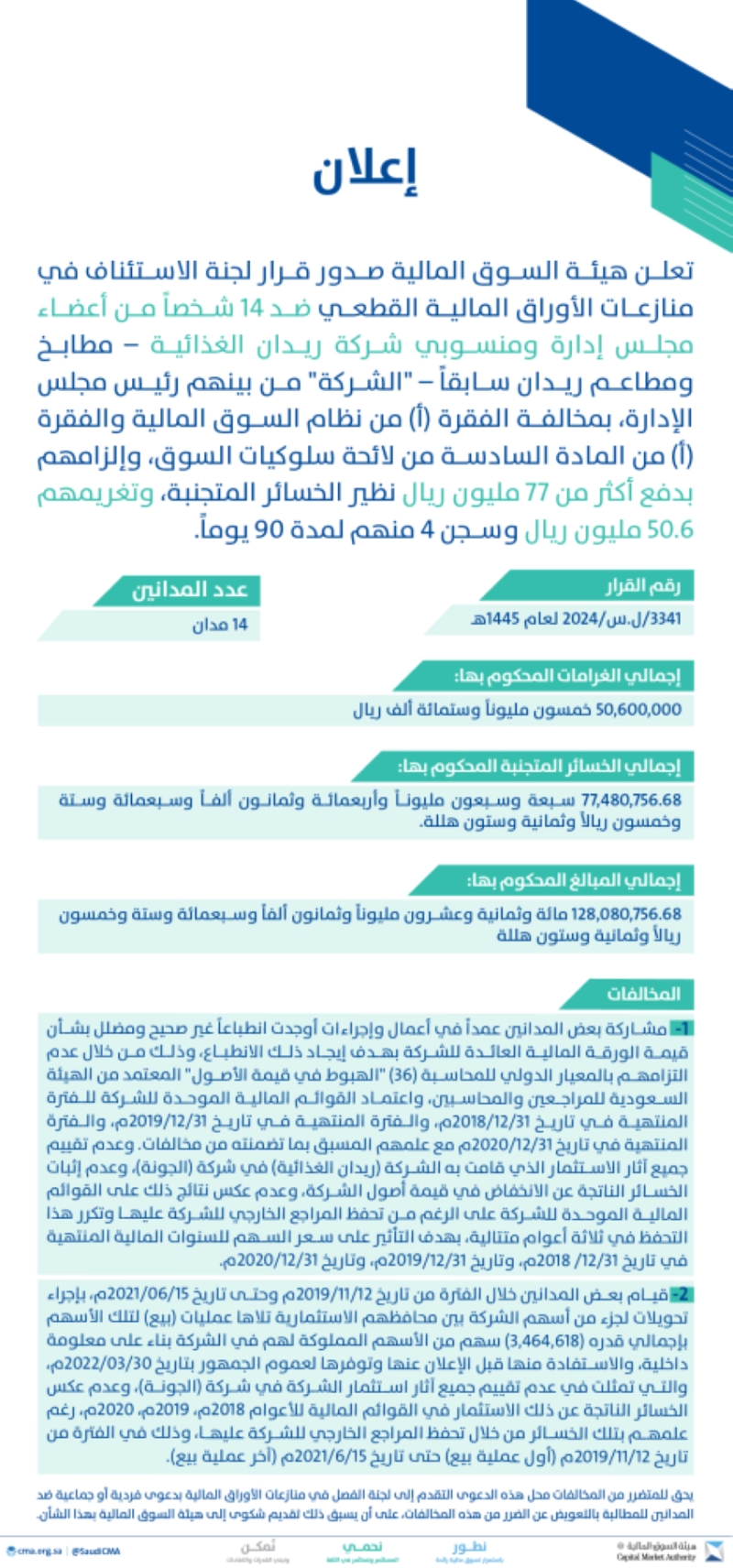 هيئة السوق المالية تدين 14 عضوًا من شركة ريدان الغذائية